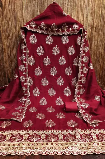 red silk blend embroidered unstitched dressmaterials 3 pair top bottom dupptaa