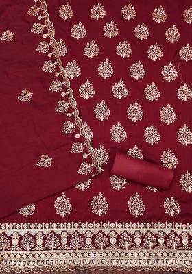 red silk blend embroidered unstitched dressmaterials 3 pair top bottom dupptaa 3