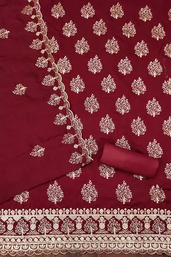 red silk blend embroidered unstitched dressmaterials 3 pair top bottom dupptaa