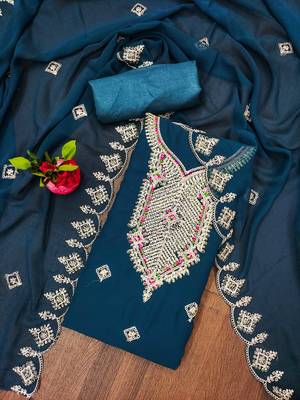 blue georgette embroidered unstitched dressmaterials 3 pair top bottom dupptaa 1