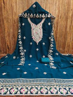 blue georgette embroidered unstitched dressmaterials 3 pair top bottom dupptaa 2