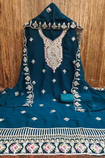 blue georgette embroidered unstitched dressmaterials 3 pair top bottom dupptaa