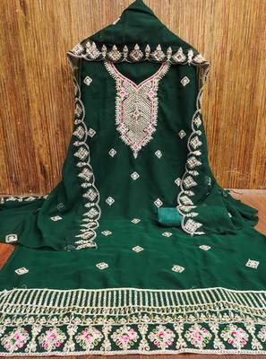 green georgette embroidered unstitched dressmaterials 3 pair top bottom dupptaa 1