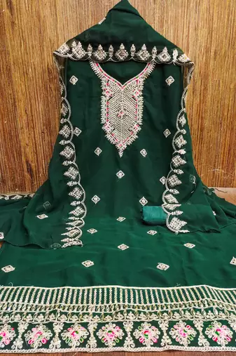 green georgette embroidered unstitched dressmaterials 3 pair top bottom dupptaa