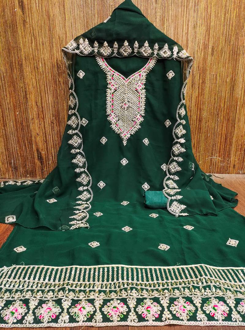 green georgette embroidered unstitched dressmaterials 3 pair top bottom dupptaa