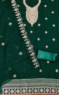 green georgette embroidered unstitched dressmaterials 3 pair top bottom dupptaa 2