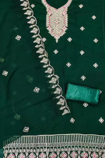 green georgette embroidered unstitched dressmaterials 3 pair top bottom dupptaa