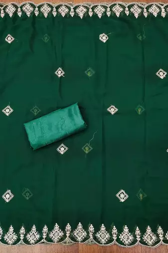 green georgette embroidered unstitched dressmaterials 3 pair top bottom dupptaa