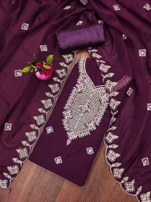 purple georgette embroidered unstitched dressmaterials 3 pair top bottom dupptaa 1