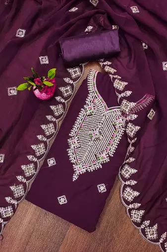 purple georgette embroidered unstitched dressmaterials 3 pair top bottom dupptaa