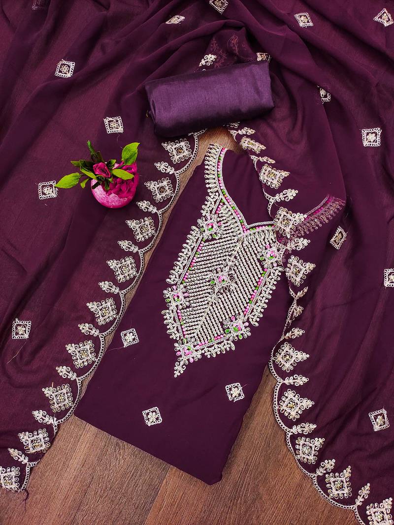 purple georgette embroidered unstitched dressmaterials 3 pair top bottom dupptaa