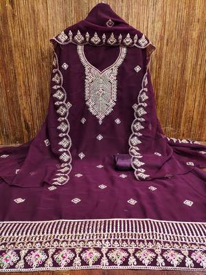 purple georgette embroidered unstitched dressmaterials 3 pair top bottom dupptaa 2