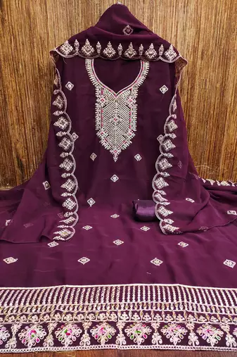 purple georgette embroidered unstitched dressmaterials 3 pair top bottom dupptaa