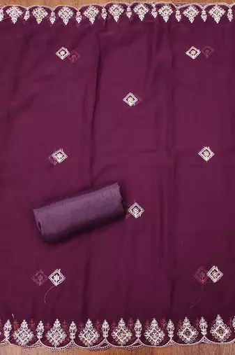 purple georgette embroidered unstitched dressmaterials 3 pair top bottom dupptaa