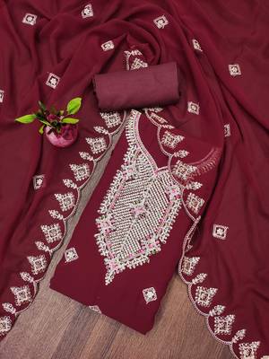 red georgette embroidered unstitched dressmaterials 3 pair top bottom dupptaa 1