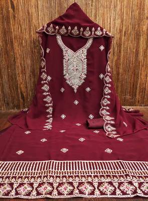 red georgette embroidered unstitched dressmaterials 3 pair top bottom dupptaa 2