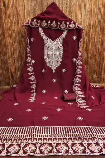 red georgette embroidered unstitched dressmaterials 3 pair top bottom dupptaa