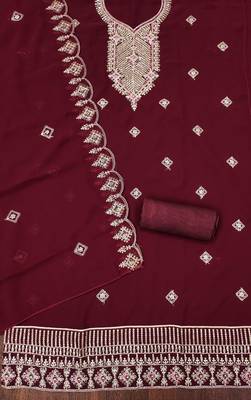 red georgette embroidered unstitched dressmaterials 3 pair top bottom dupptaa 3