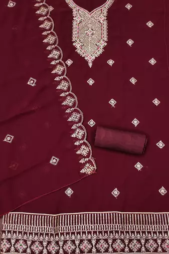 red georgette embroidered unstitched dressmaterials 3 pair top bottom dupptaa