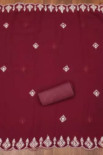 red georgette embroidered unstitched dressmaterials 3 pair top bottom dupptaa