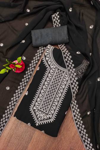 black georgette embroidered unstitched dressmaterials 3 pair top bottom dupptaa