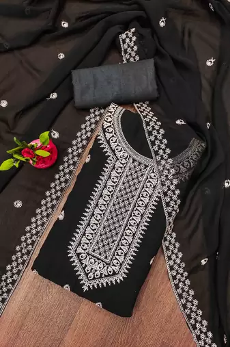 black georgette embroidered unstitched dressmaterials 3 pair top bottom dupptaa