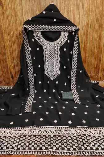 black georgette embroidered unstitched dressmaterials 3 pair top bottom dupptaa