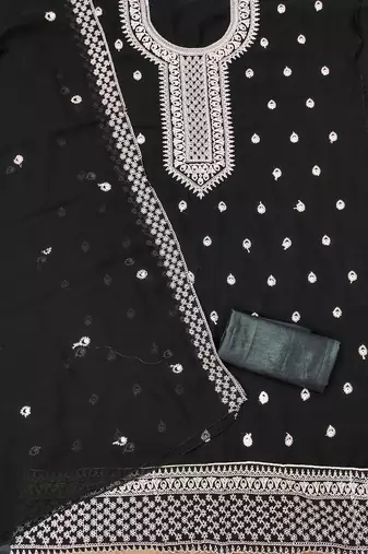 black georgette embroidered unstitched dressmaterials 3 pair top bottom dupptaa
