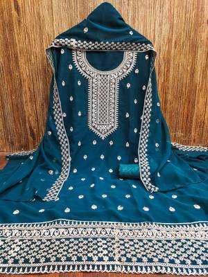 blue georgette embroidered unstitched dressmaterials 3 pair top bottom dupptaa 1