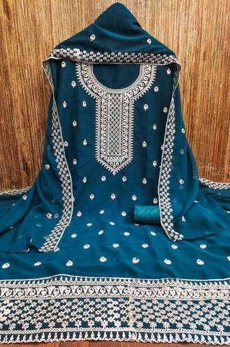 blue georgette embroidered unstitched dressmaterials 3 pair top bottom dupptaa