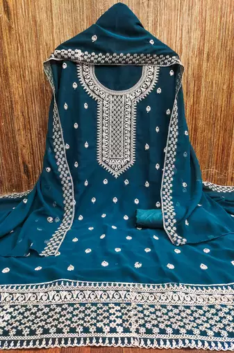 blue georgette embroidered unstitched dressmaterials 3 pair top bottom dupptaa