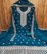 blue georgette embroidered unstitched dressmaterials 3 pair top bottom dupptaa