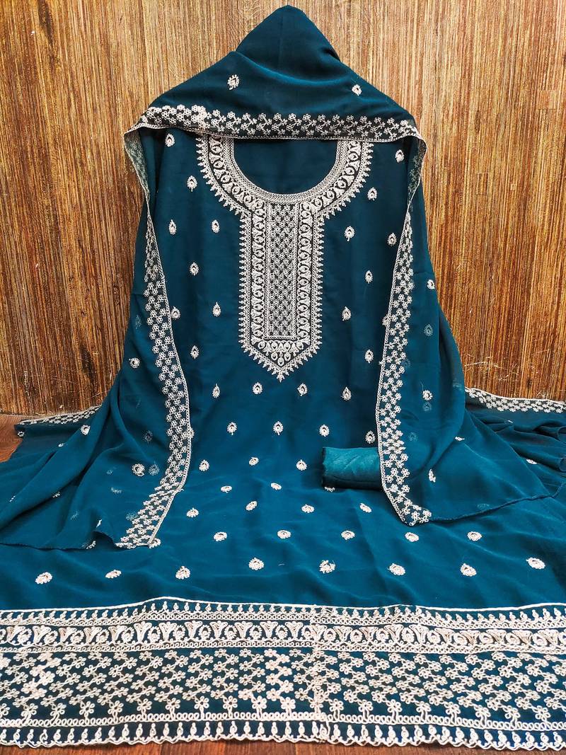 blue georgette embroidered unstitched dressmaterials 3 pair top bottom dupptaa