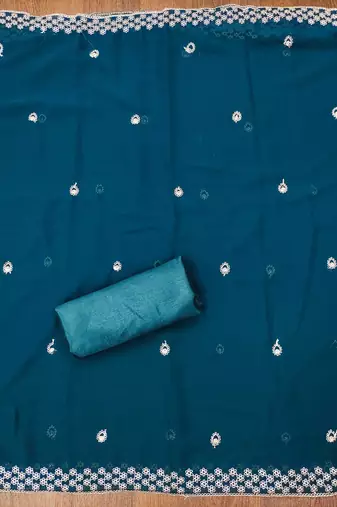 blue georgette embroidered unstitched dressmaterials 3 pair top bottom dupptaa