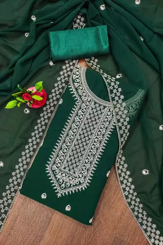 green georgette embroidered unstitched dressmaterials 3 pair top bottom dupptaa