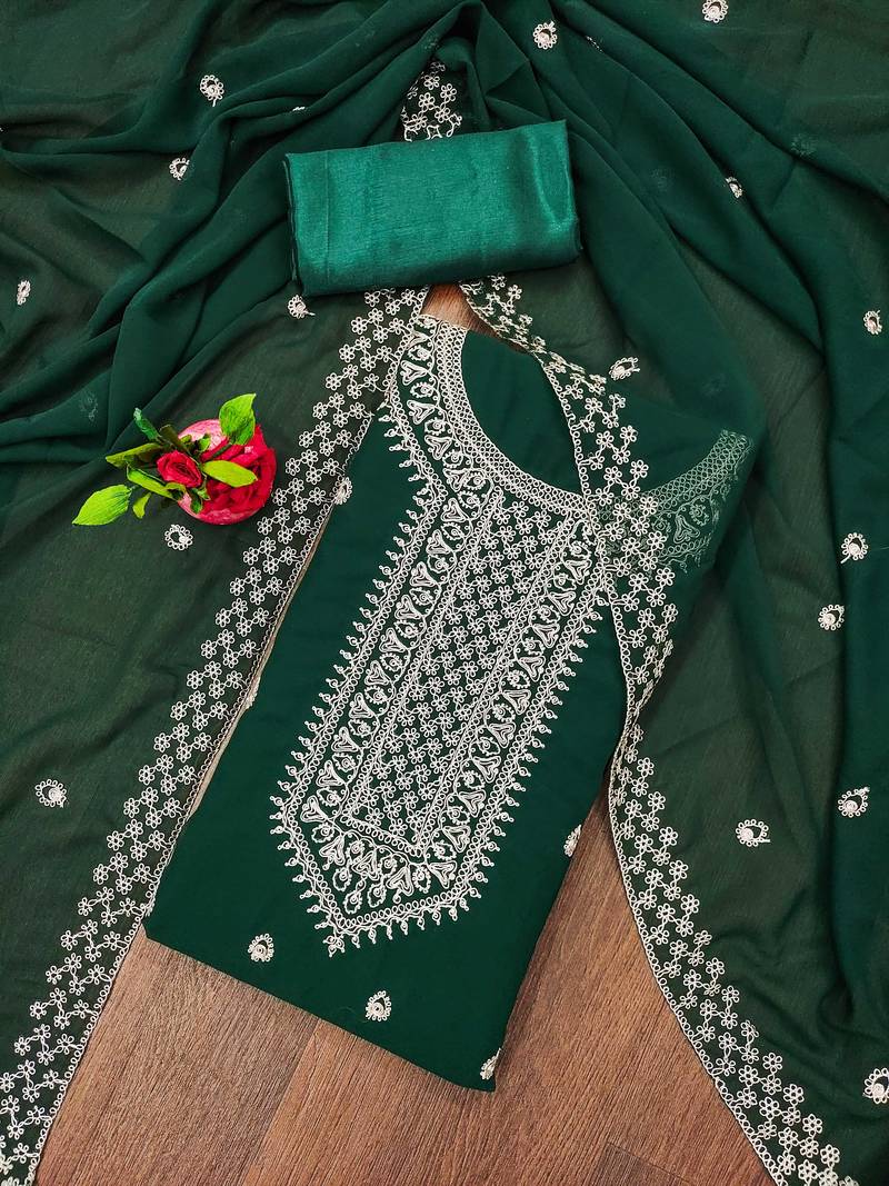 green georgette embroidered unstitched dressmaterials 3 pair top bottom dupptaa