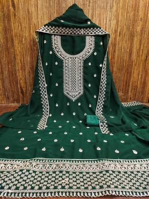 green georgette embroidered unstitched dressmaterials 3 pair top bottom dupptaa 2