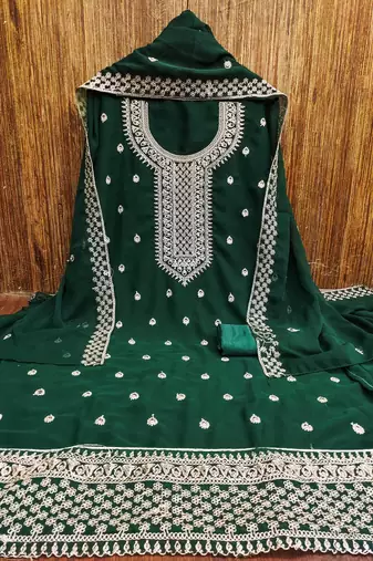 green georgette embroidered unstitched dressmaterials 3 pair top bottom dupptaa