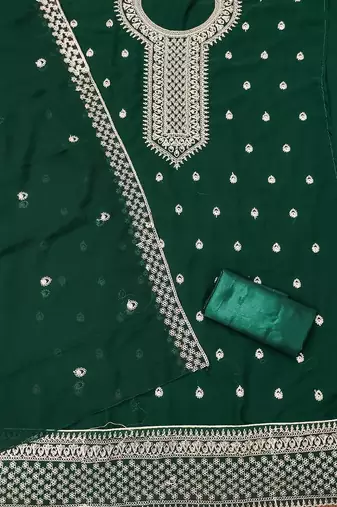green georgette embroidered unstitched dressmaterials 3 pair top bottom dupptaa