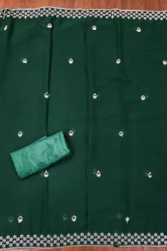 green georgette embroidered unstitched dressmaterials 3 pair top bottom dupptaa