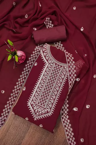 maroon georgette embroidered unstitched dressmaterials 3 pair top bottom dupptaa