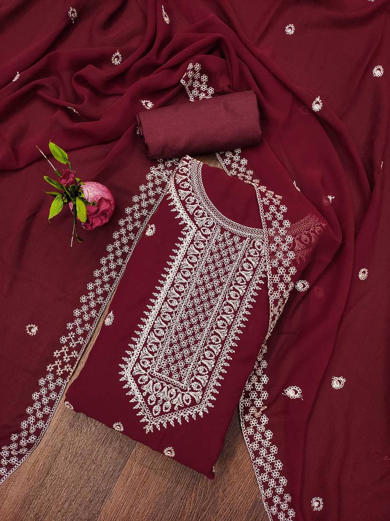 maroon georgette embroidered unstitched dressmaterials 3 pair top bottom dupptaa