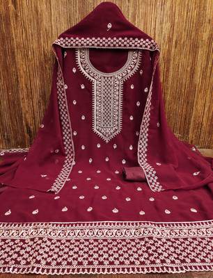 maroon georgette embroidered unstitched dressmaterials 3 pair top bottom dupptaa 2