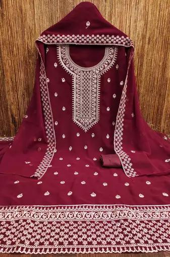 maroon georgette embroidered unstitched dressmaterials 3 pair top bottom dupptaa