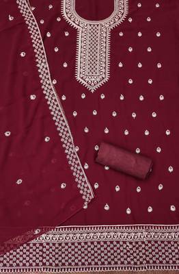 maroon georgette embroidered unstitched dressmaterials 3 pair top bottom dupptaa 3