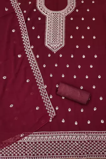 maroon georgette embroidered unstitched dressmaterials 3 pair top bottom dupptaa