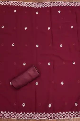 maroon georgette embroidered unstitched dressmaterials 3 pair top bottom dupptaa