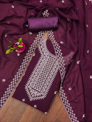 purple georgette embroidered unstitched dressmaterials 3 pair top bottom dupptaa 1
