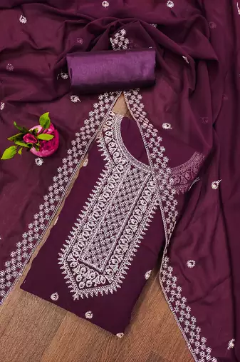 purple georgette embroidered unstitched dressmaterials 3 pair top bottom dupptaa