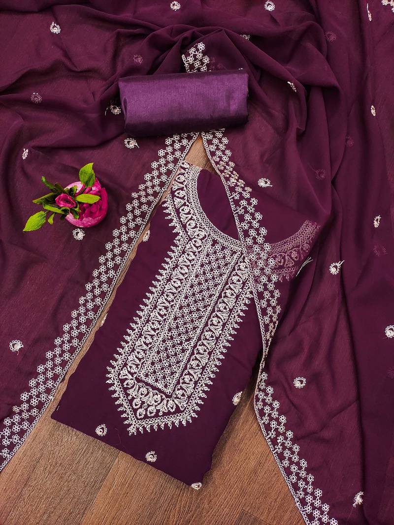 purple georgette embroidered unstitched dressmaterials 3 pair top bottom dupptaa